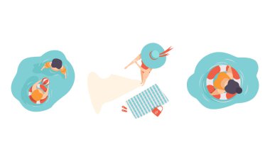 Sahilde güneşlenen ve yüzen insanlar yaz tatilinin tadını çıkaran düz vektör çizimleri.