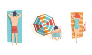 Sahilde güneşlenen insanların en iyi görüntüsü, yaz tatilinin tadını çıkaran genç adam ve kadın düz vektör çizimi.