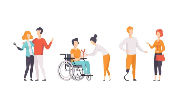 Happy Disabled People Divertirsi con i loro amici Set, Supporto, Accessibilità, Stile di vita attivo Concetto Flat Vector Illustrazione — Vettoriale Stock