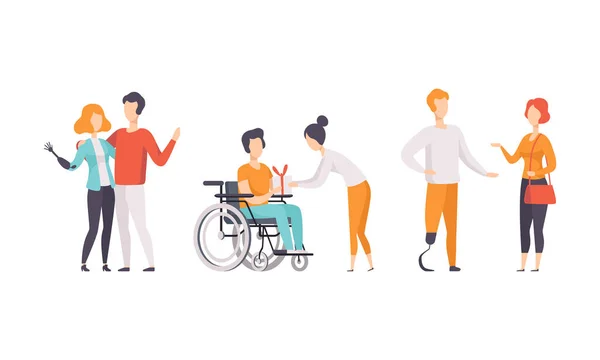 Happy Disabled People Having Good Time with their Friends Set, Support, Accessibilité, Mode de vie actif Concept Illustration vectorielle plate — Image vectorielle