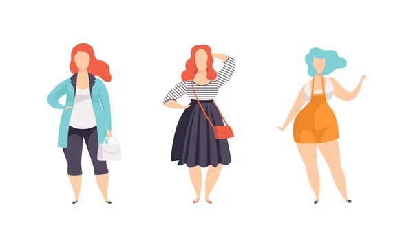 Schöne pralle Frauen Set, Plus Size Mädchen in Modekleidung, Körper Positives Konzept Flache Vektor Illustration — Stockvektor