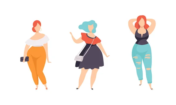 Schöne stilvolle pralle Frauen Set, Plus Size Übergewichtige Mädchen in Modekleidung, Körper Positives Konzept Flache Vektor Illustration — Stockvektor