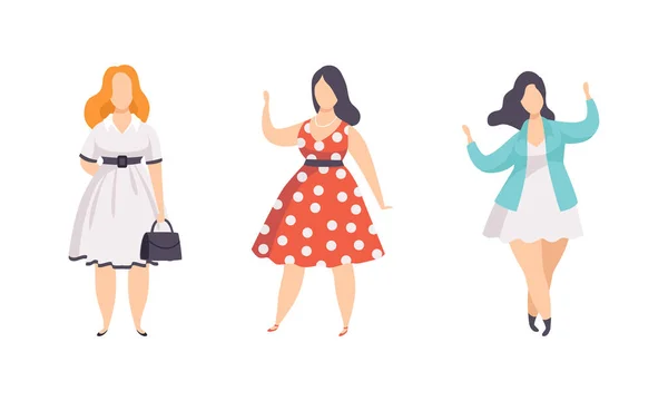 Schöne pralle Frauen Set, Plus Size Übergewichtige Mädchen in stilvoller Kleidung, Körper Positives Konzept Flache Vektor Illustration — Stockvektor