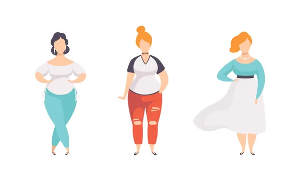 Schöne stilvolle mollige Frauen Set, Plus Size übergewichtige Mädchen in Mode Kleidung Flache Vektor Illustration — Stockvektor