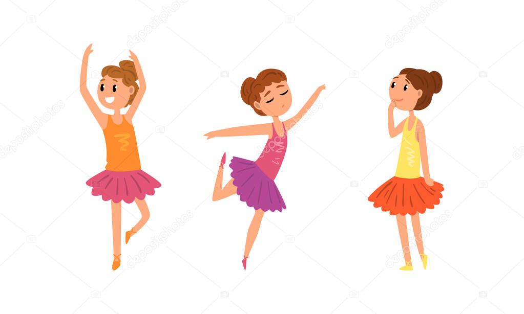 Cute Girls Ballerinas Dancing Wearing Tutu Dress Cartoon Vector Illustration