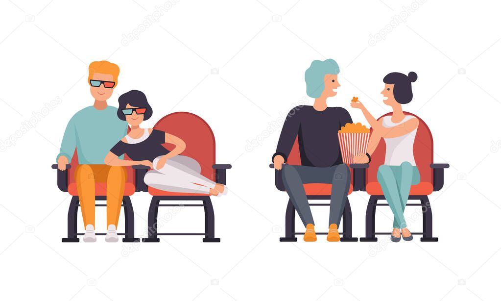 Couples Watching Film in Movie Theater Set, Happy Couples in Love Having Date in Cinema Hall, Front View Flat Vector Illustration