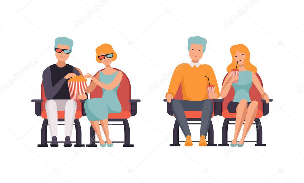 Couples Watching Film in Movie Theater Set, Front View of Happy Young Men and Women Sitting in Cinema Hall Flat Vector Illustration