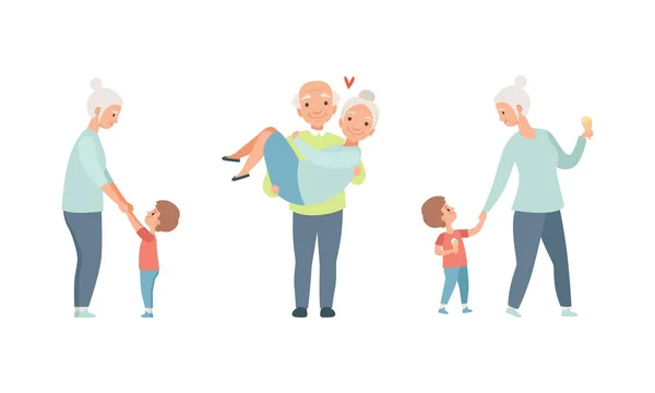 Happy Grandparents Set, Anziani amorevole coppia attività, nonna avendo buon tempo con suo nipote cartone animato vettoriale illustrazione — Vettoriale Stock