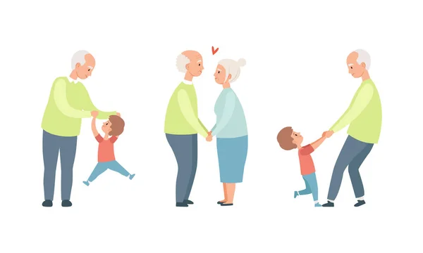 Happy Grandparents Set, Anziani amorevole coppia attività, Nonno Divertimento con il loro nipote Cartoon Vector Illustrazione — Vettoriale Stock