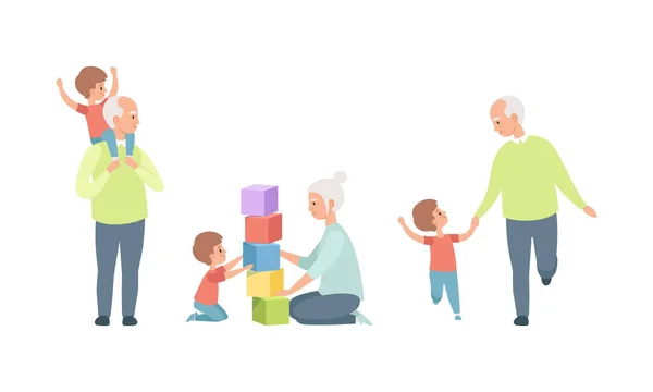 Anziani amorevole coppia set, Felice rapporto nonni, Nonna e nonno avendo buon tempo con il loro nipote cartone animato vettoriale illustrazione — Vettoriale Stock