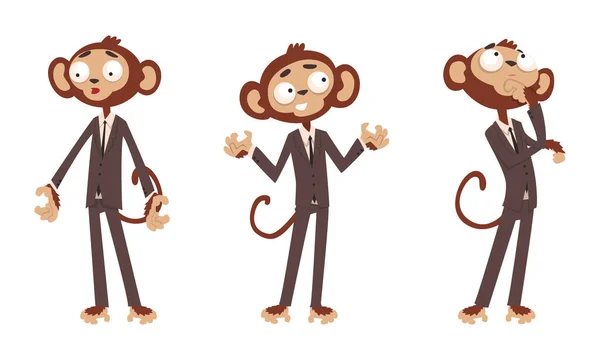 猴子商人站在两条腿上，摆弄着一套人性化的动物服装商务服装卡通形象 — 图库矢量图片