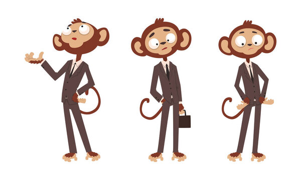 Monkey Businessman Humanized Character Dressed Business Suit Standing and Gesturing Set Cartoon Vector Illustration