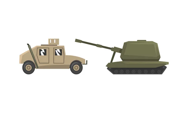 军用装甲坦克、步兵车、重型特种运输设备平装矢量图解 — 图库矢量图片