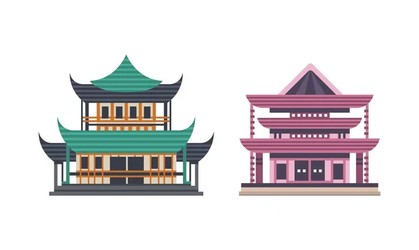 Japansk eller kinesisk traditionelt byggesæt, antikke asiatiske kulturgenstande, Pagoda Palace Facades Flat Vector Illustration – Stock-vektor