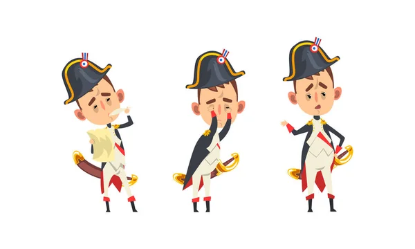 French Emperor Napoleon Bonaparte Set, Funny Historical Character in Military Uniform with Different Emotions Cartoon Vector Illustration — Stock Vector