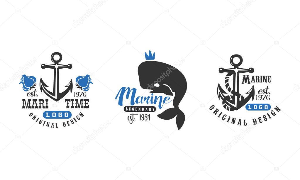 Maritime Original Logo Design Templates Set, Marine Retro Labels, Nautical Company, Corporate, Products Identity Badges Vector Illustration