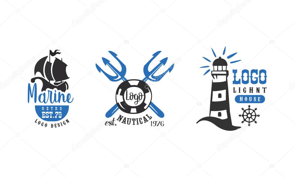 Marine Logo Design Templates Set, Nautical Retro Labels, Badges Vector Illustration