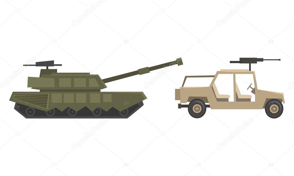 Army Machines Set, Military Vehicles, Heavy Special Transport Flat Vector Illustration