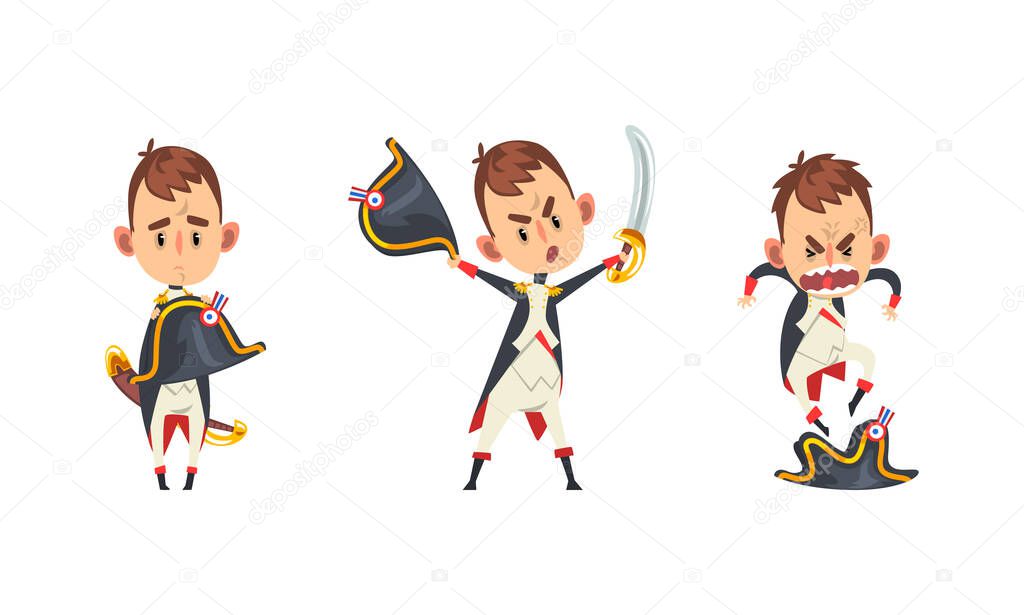 French Emperor Set, Funny Historical Character in Military Uniform with Different Emotions Cartoon Vector Illustration