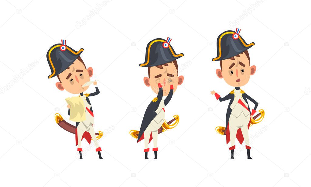 French Emperor Napoleon Bonaparte Set, Funny Historical Character in Military Uniform with Different Emotions Cartoon Vector Illustration