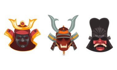 Antik Savaşçıların Boynuzlu Korkunç Maskeleri Beyaz Arkaplanda Çizgi Film Vektör Resmini Ayarladı