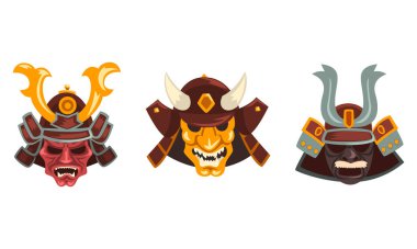 Antik Savaşçılar Maskeleri, Korkunç Yüzlü Maskeler Çizgi Film Vektörü Resimleri