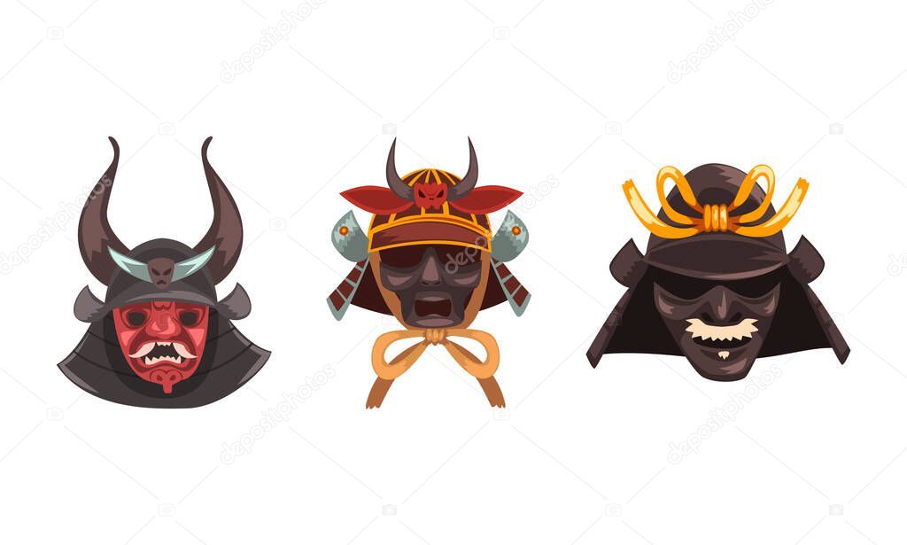 Horned Masks of Ancient Warriors Set, Scary Masks with Aggressive Facial Expression Cartoon Vector Illustration
