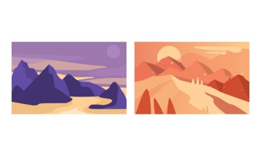 Güzel Dağ Manzaraları Set, Gün Doğumu ve Günbatımında Huzur Sahneleri, Poster, Kart, Sancak Tasarımı Çizim Elemanı Vektör İllüstrasyonu