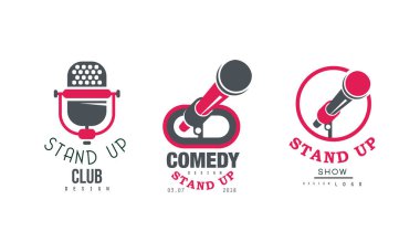 Stand up Club Logo Tasarım Seti, Komedi Gösterisi Retro Rozetleri, Amblem Vektör İllüstrasyonu