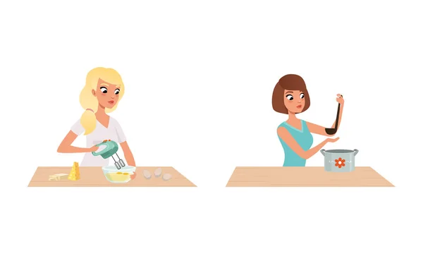 キッチンセットで料理をする人,若い女性のベーキングと料理漫画ベクトルイラスト — ストックベクタ