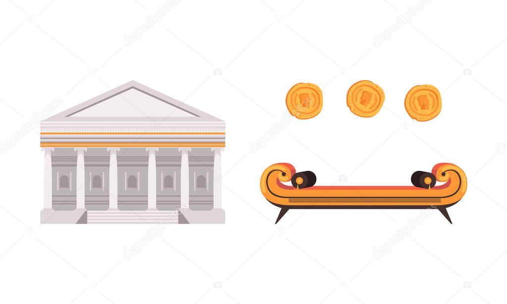 Set of Ancient Rome Empire Symbols, Traditional Roman Building, Money, Furniture Flat Vector Illustration