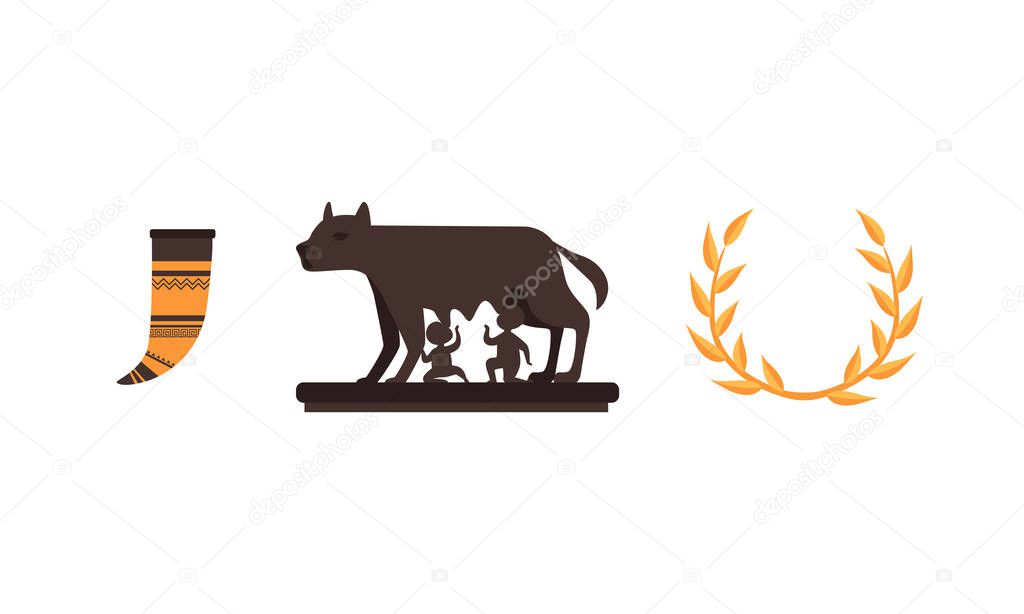Set of Ancient Rome Empire Symbols, Capitol Wolf, Animal Horn for Wine, Laurel Wreath Flat Vector Illustration
