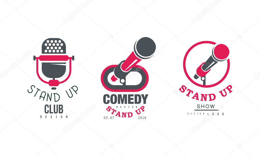 Stand up Club Logo Design Set, Comedy Show Retro Badges, Emblems Vector Illustration