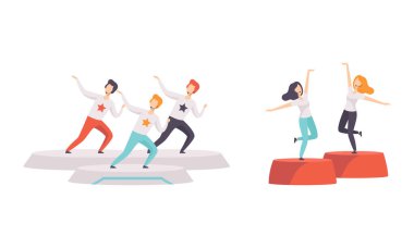 TV şovu setine katılan insanlar, TV Stüdyosu Çizgi Filmi Vector Illustration 'da mikrofonla şarkı söyleyen gençler