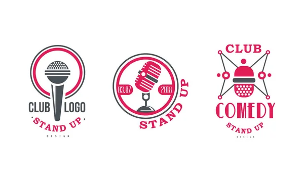 Sada Stand up Club Logo Design, Komediální klub Retro odznaky Vektorové ilustrace — Stockový vektor