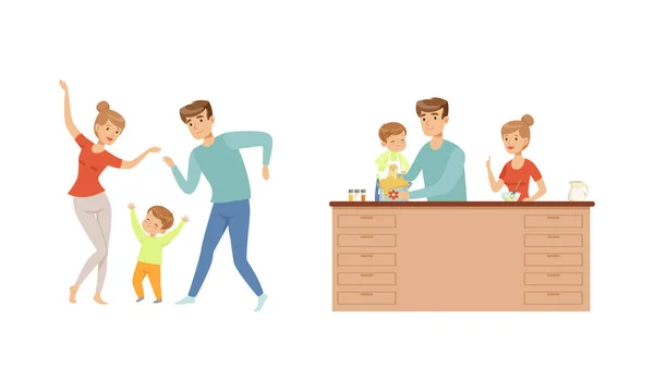 Familia alegre pareja bailando y cocinando con los niños conjunto, padres crianza y cuidado de sus hijos dibujos animados Vector Ilustración — Vector de stock