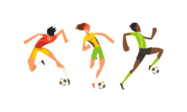 Futbol Oyuncuları Set, Spor Üniformalı Tekmeleme Topu Vektör İllüstrasyonunda Erkek Sporcular Karakterleri