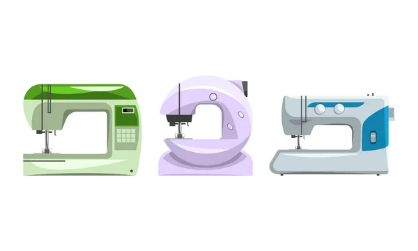 Set di attrezzature per sarte, Collezione di macchine da cucire Flat Vector Illustrazione — Vettoriale Stock