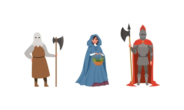 Středověké postavy oblečené starověké oblečení set, kat, ozbrojený rytíř, žena občan středověkého města vektorové ilustrace — Stockový vektor