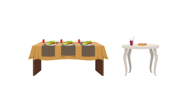 Slavnostní stoly s potravinovou sadou, hostinský stůl s nápoji a chutné pokrmy vektorové ilustrace — Stockový vektor