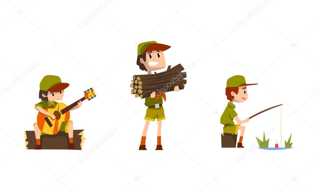 Scouting Boys Set, Boy Scouts Wearing Khaki Uniform Playing Guitar, Fishing Vector Illustration