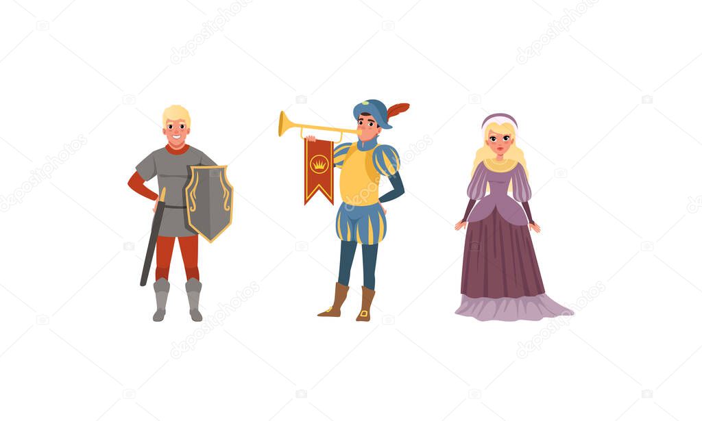 Medieval Characters Dressed Ancient Clothes Set, Royal Herald with Trumpet, Warrior, Noble Lady Vector Illustration