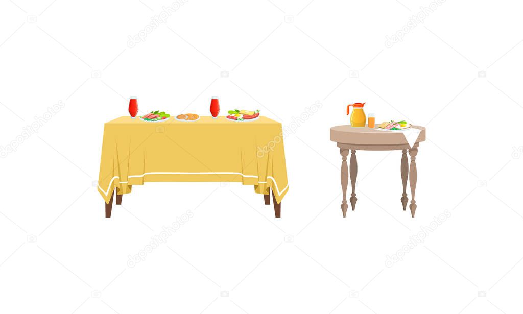 Served Tables with Tasty Food Dishes and Drinks Set Vector Illustration