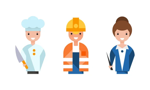 People of Various Professions Set, Teacher, Chef Cook, Construction Worker Characters Cartoon Vector Illustration