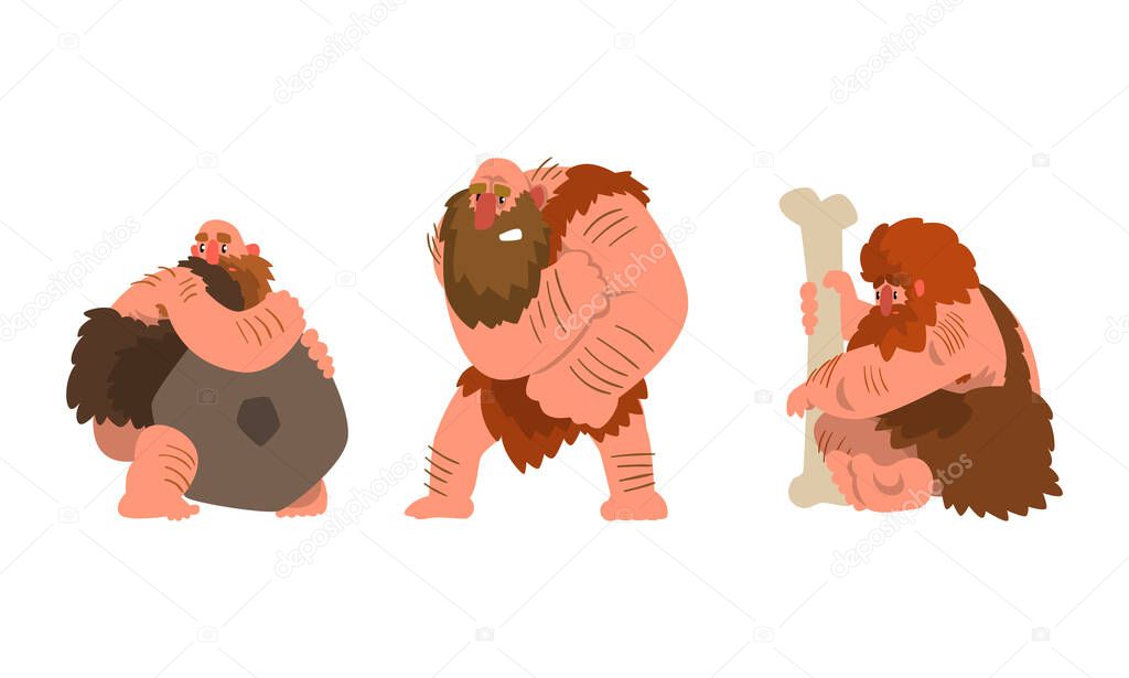 Caveman Characters Set, Funny Primitive Muscular Stone Age Men Cartoon Vector Illustration