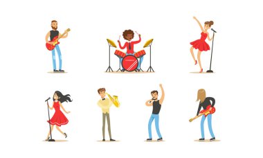 Müzisyenler ve Şarkıcılar, Müzikal Enstrümanlar Çalan ve Şarkı Söyleyen Çizgi Film İllüstrasyonu