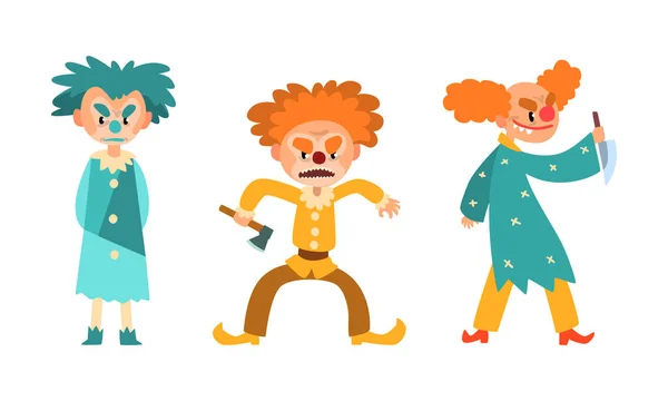 Ensemble de clowns effrayants, personnages jésuites en colère en costumes colorés avec couteau et illustration vectorielle de bande dessinée Axe — Image vectorielle