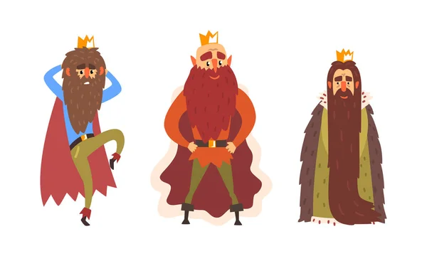 Ensemble de personnages de roi barbu drôle, empereur en couronne d'or et illustration vectorielle de bande dessinée Mante — Image vectorielle