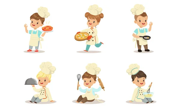 Симпатичный детский набор, складные маленькие дети в униформе для приготовления пищи и выпечки в векторе мультфильма Китчен — стоковый вектор