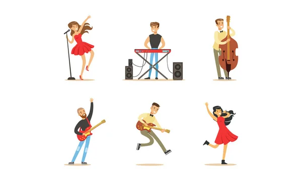 Set von Musikern und Sängern, jungen Männern und Frauen, die klassische und moderne Musikinstrumente spielen und singen Cartoon Vector Illustration — Stockvektor